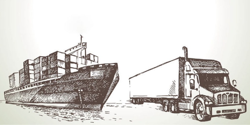 a sketch of a cargo ship and truck